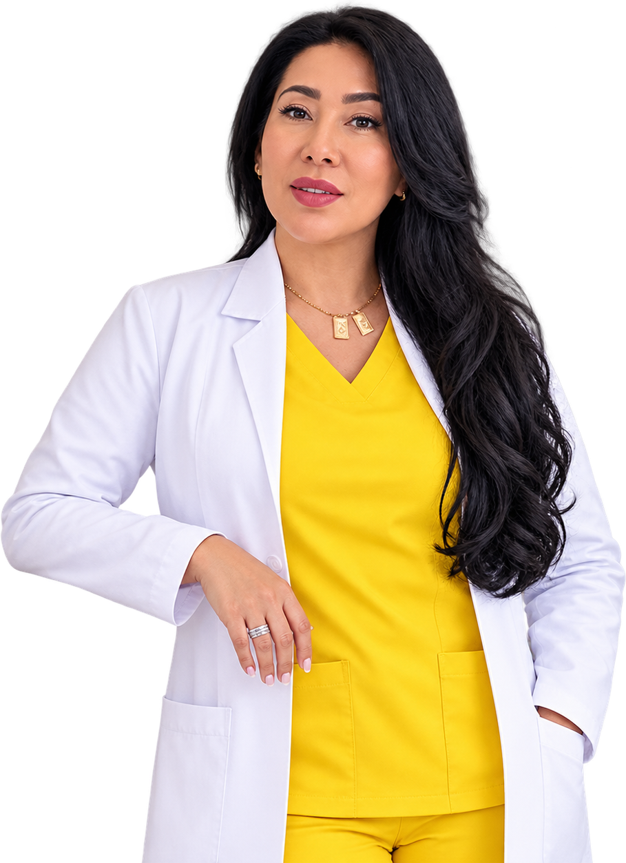 Briggith Guzmán Chavarro, terapeuta de medicina alternativa, con bata blanca y uniforme amarillo